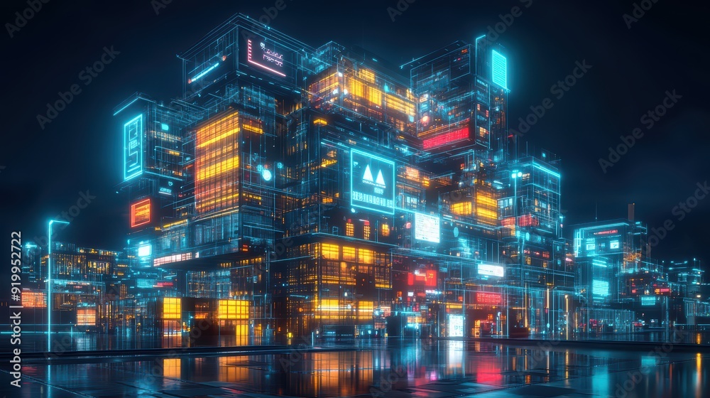 Naklejka premium Smart building, merging its physical construction with digital interfaces