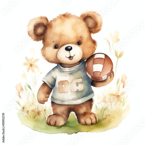 Cute watercolor bear doing sports illustration, teddy bears clipart