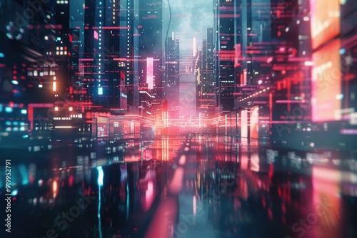 A futuristic cityscape at night with vibrant neon lights, suitable for illustrations and designs