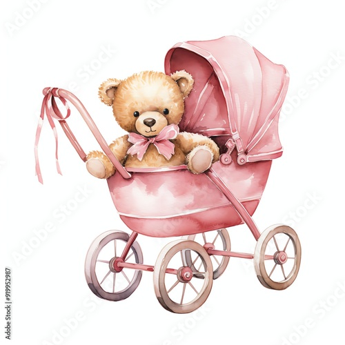 Cute watercolor bear in pink baby stroller illustration, teddy bears clipart