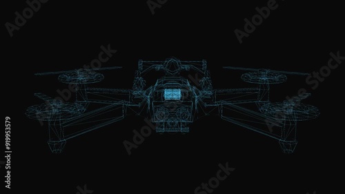 Military drone wireframe scheme. 3d render with blue grid lines. Loop rotation on black background. 