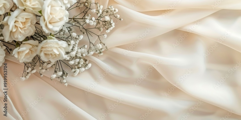A delicate and soft cream fabric backdrop featuring a stunning arrangement of lovely white roses in bloom A delicate and soft cream fabric backdrop featuring a stunning arrangement of lovely white roses in bloom