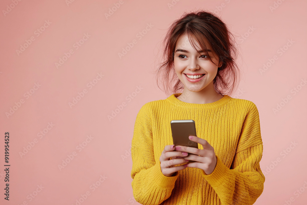 Smiling young woman in yellow sweater using smartphone against pastel pink background, highlighting modern technology, social media, and joyful communication. Smiling young woman in yellow sweater using smartphone against pastel pink background, highlighting modern technology, social media, and joyful communication.