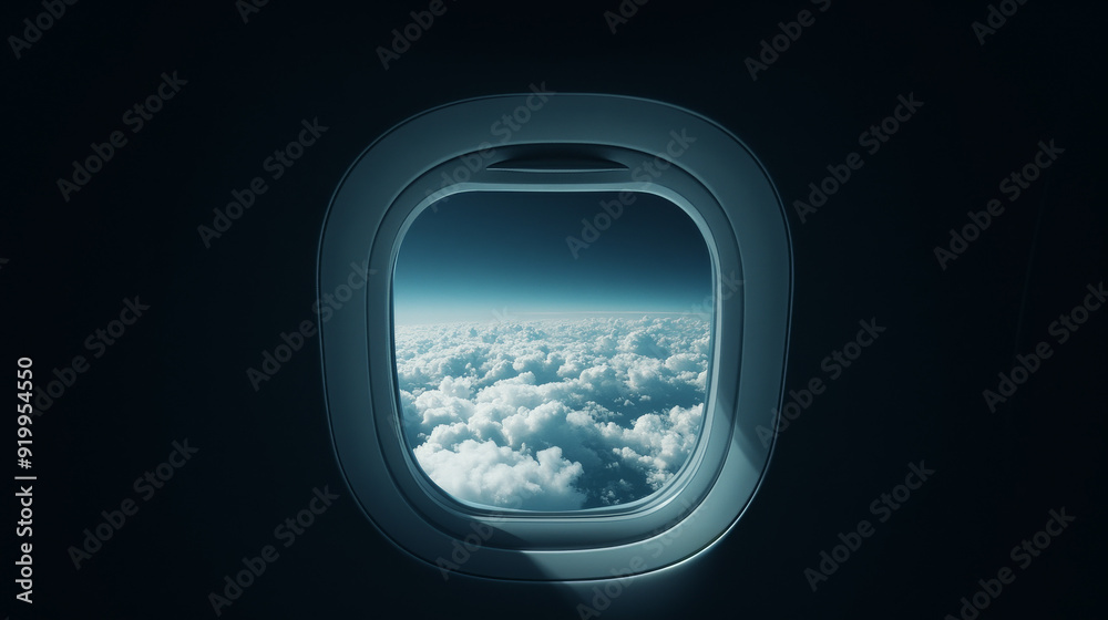 Aerial view from an airplane window showing a sea of clouds under a soft blue sky.