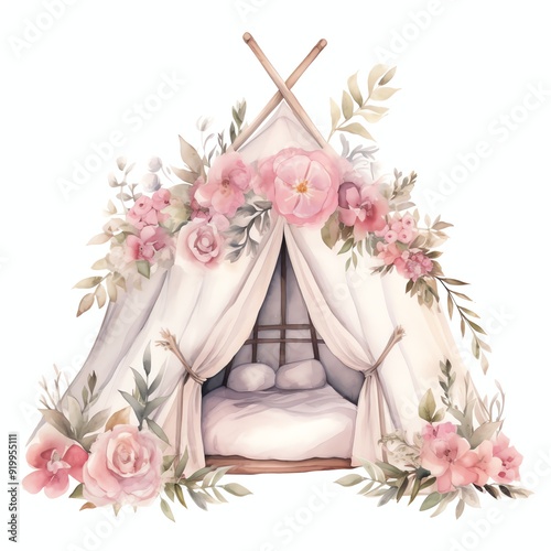 Travel floral boho camping tent watercolor illustration, travel clipart