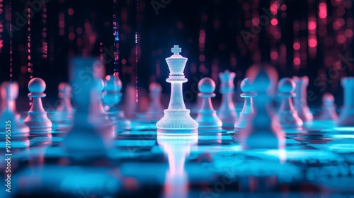 A digital chessboard with holographic pieces symbolizing AI in business strategy.