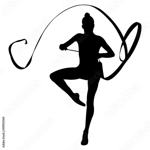 Rhythmic gymnastics.Silhouette of gymnast with ribbon.Vector illustration.