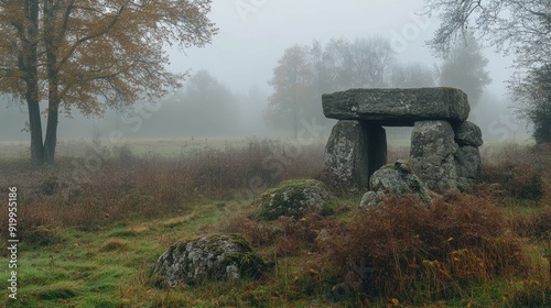 Ancient Dolmen in Foggy Autumn Landscape 