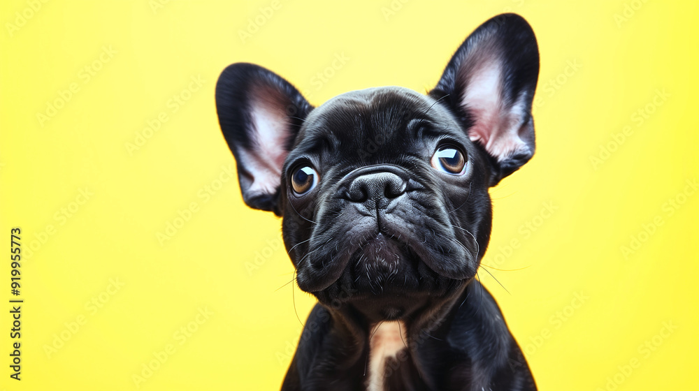 Fototapeta premium Portrait of happy black dog on yellow background