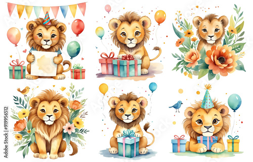 Illustration of birtdhay lion with gifts and banners isolated on white background. Set of birthday illustrations for kids