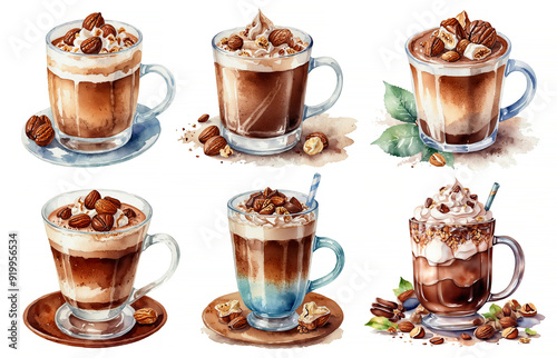 Watercolor illustratin of capuccino coffee isolated on white background