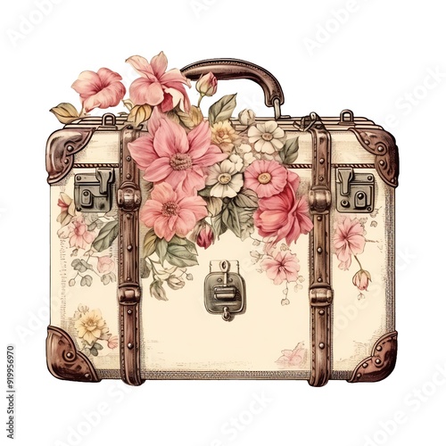 Victorian watercolor vintage floral victorian travel bag shabby chic illustration, vintage victorian pink clipart