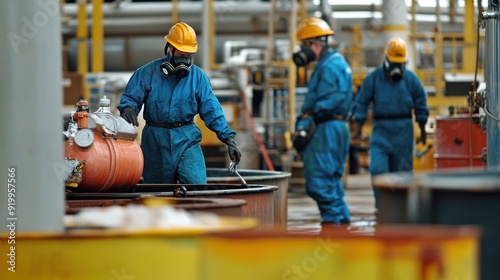 Generate a photo realistic image of workers training on chemical spill response procedures, with spill containment drills, chemical spill cleanup equipment, and hazardous material handling