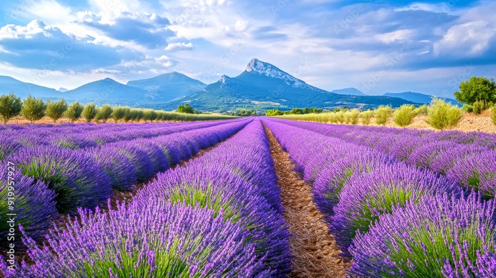 Obraz premium Lavender field at sunrise with vibrant purple flowers and mountains in the background. Perfect for landscape and nature-themed projects. Ideal for wall art, prints, or digital use. AI