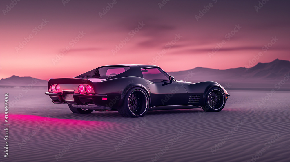 Obraz premium A classic sports car stands on the sand, illuminated by pink sunset light, creating a striking contrast with the desert backdrop