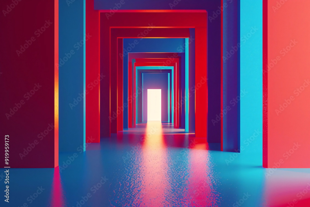 A surreal, minimalist scene of a hallway with repeating red and blue rectangular frames, leading to a bright, glowing doorway at the end, with reflections on the glossy floor A surreal, minimalist scene of a hallway with repeating red and blue rectangular frames, leading to a bright, glowing doorway at the end, with reflections on the glossy floor