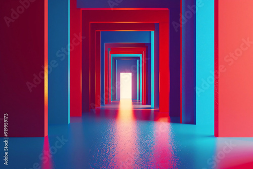 A surreal, minimalist scene of a hallway with repeating red and blue rectangular frames, leading to a bright, glowing doorway at the end, with reflections on the glossy floor