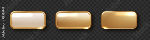 Golden plate button shape with frame. Realistic isolated design element, golden glossy label. Realistic 3D design.