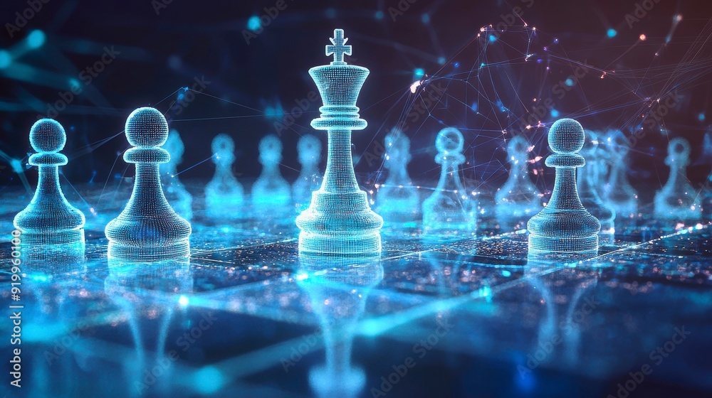 A digital chessboard with holographic pieces symbolizing AI in business strategy. A digital chessboard with holographic pieces symbolizing AI in business strategy.