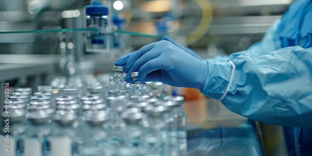 A medical worker in sterilized gloves skillfully handles vaccine vials on a hightech assembly line, highlighting the critical importance of sterile production standards in healthcare A medical worker in sterilized gloves skillfully handles vaccine vials on a hightech assembly line, highlighting the critical importance of sterile production standards in healthcare