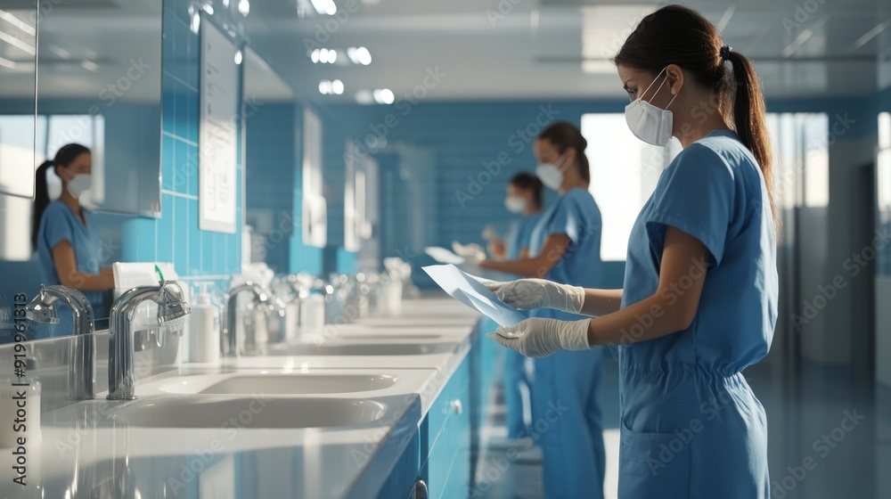 Generate a photo realistic image of workers receiving training on personal hygiene in the workplace, with hygiene protocols, handwashing stations, and hygiene awareness materials visible Generate a photo realistic image of workers receiving training on personal hygiene in the workplace, with hygiene protocols, handwashing stations, and hygiene awareness materials visible