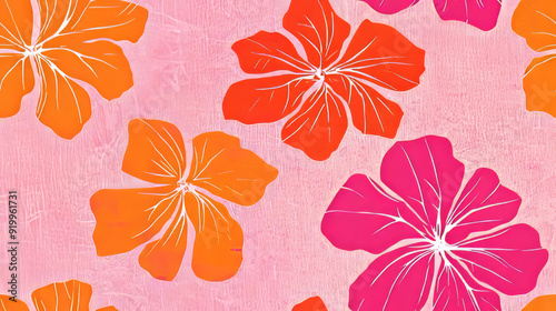 Vibrant floral pattern with pink and orange tropical flowers on a pink background.