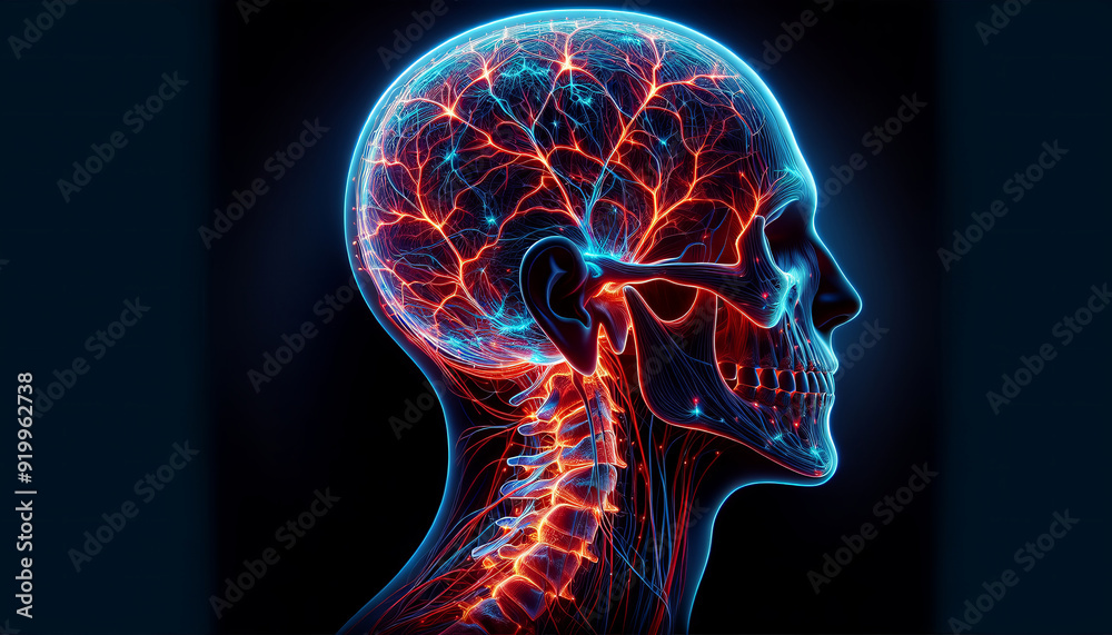 Side profile of a human head showing a network of neural pathways in red and blue. Side profile of a human head showing a network of neural pathways in red and blue.