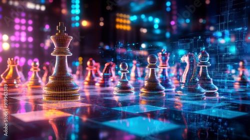 A digital chessboard with holographic pieces symbolizing AI in business strategy.