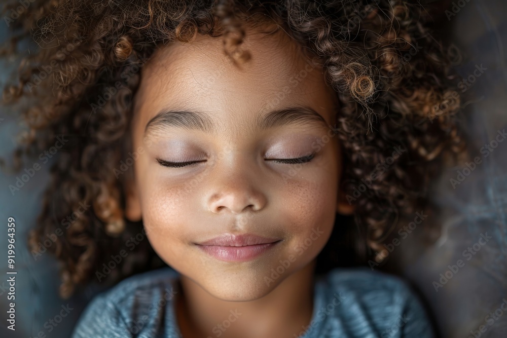 Child with curly hair sleeping with a peaceful smile. Cozy and serene concept. Childhood rest and relaxation Child with curly hair sleeping with a peaceful smile. Cozy and serene concept. Childhood rest and relaxation