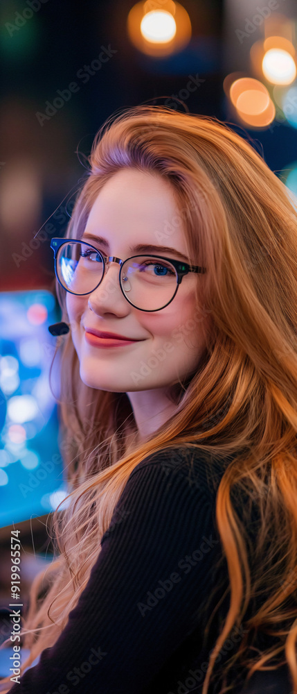 Obraz premium A young woman with red hair and glasses smiles happily as she plays video games at her vibrant desk adorned with colorful lights