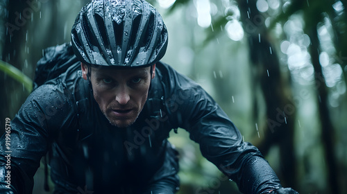 A mountain biker’s face and helmet as they ride through a dense, misty forest, with droplets of water and the rugged surroundings captured in close-up.


 photo