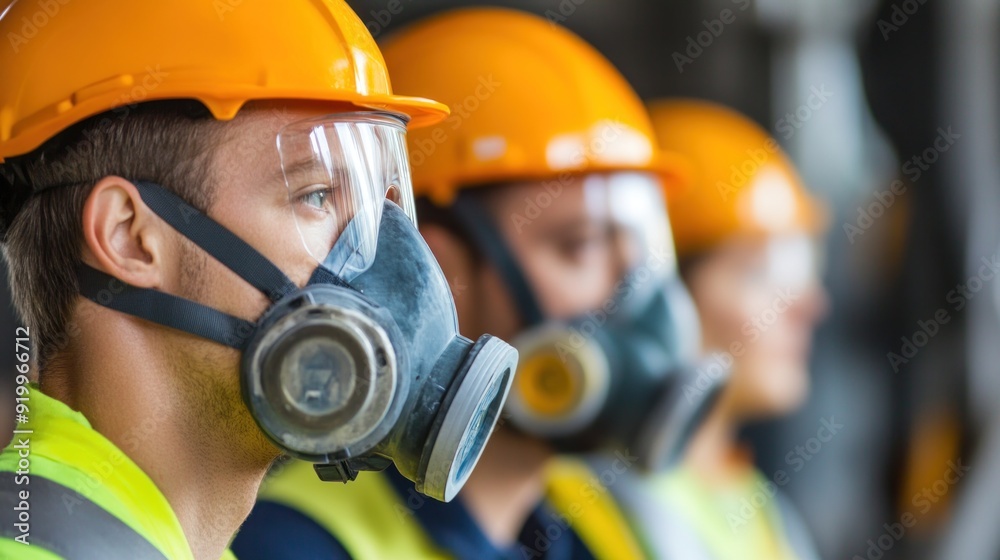 Generate a photo realistic image of workers receiving training on respiratory protection, with respirator fit testing, respirator types, and respiratory safety protocols visible Generate a photo realistic image of workers receiving training on respiratory protection, with respirator fit testing, respirator types, and respiratory safety protocols visible