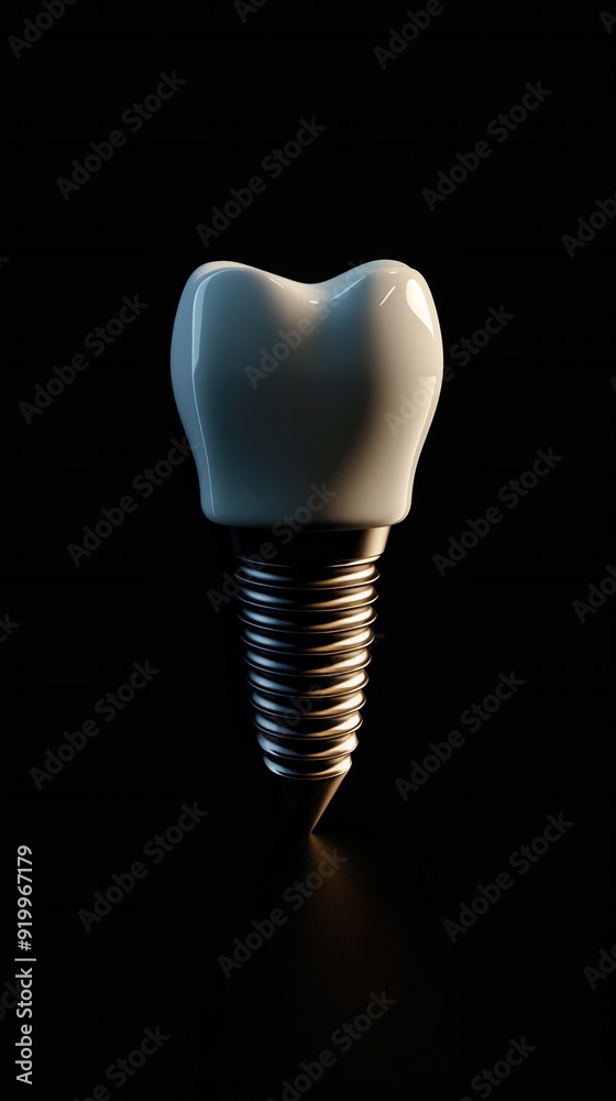 3D rendered illustration of a dental implant on a black background in a cartoon style. 3D rendered illustration of a dental implant on a black background in a cartoon style.