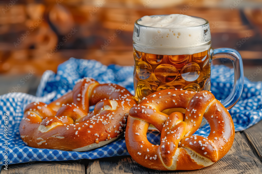 A close-up of a mug of beer served with brezels on a wooden table with a plaid napkin