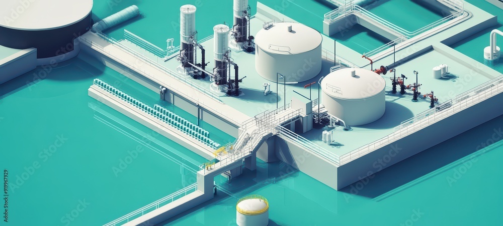 Water treatment process within a facility, including intake, filtration, chemical treatment, and distribution stages