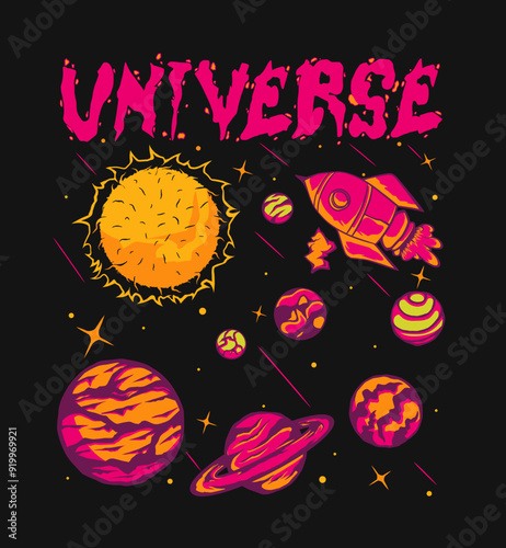 space and planet themed illustration design for t-shirt print, poster, streetwear, totebag, and other