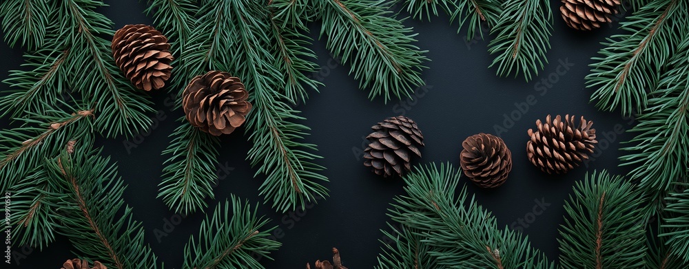 Festive christmas background with lush fir branches and pine cones on a ...