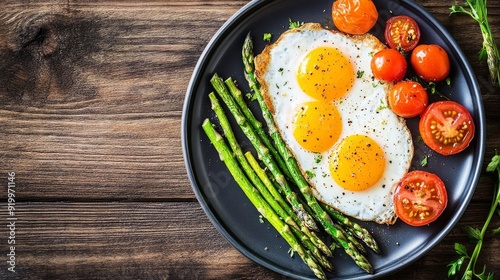 Delicious breakfast. Served on a wooden table, sunny-side up eggs, fried tomatoes, and cooked green asparagus photo