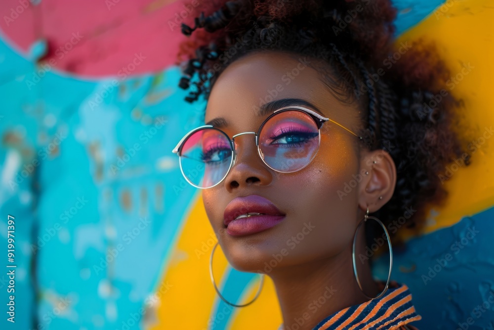 Close-up of woman wearing glasses with colorful makeup in front of a vibrant mural. Close-up of woman wearing glasses with colorful makeup in front of a vibrant mural.