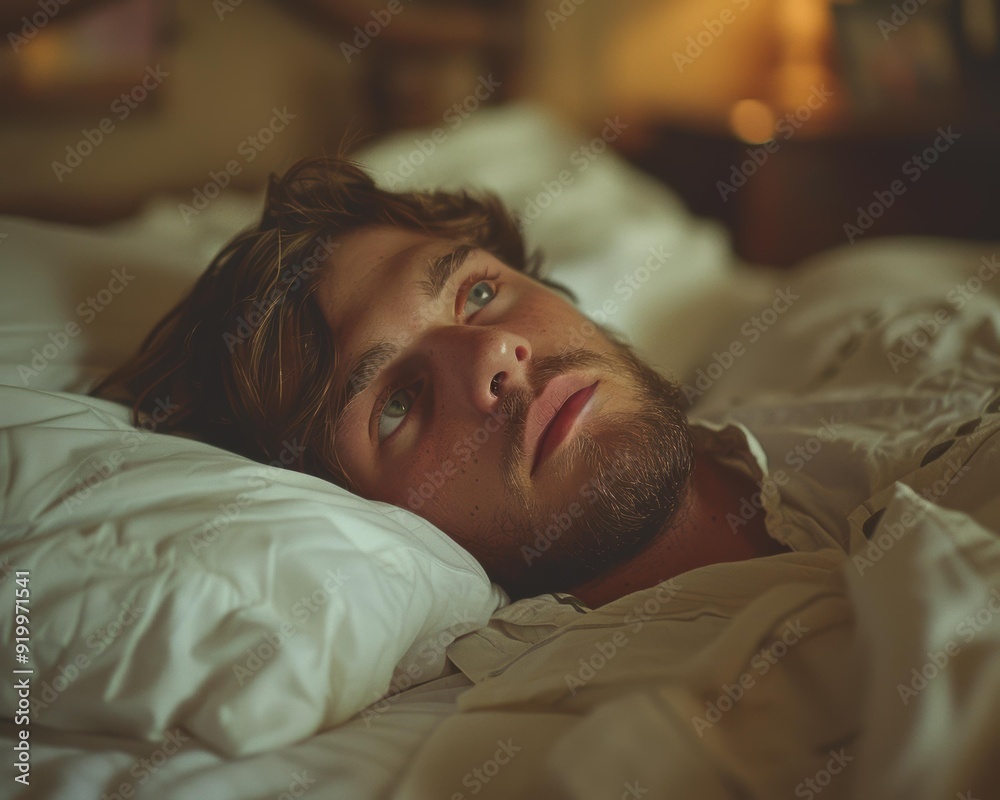A man lies in bed, looking up with a thoughtful expression. AI. A man lies in bed, looking up with a thoughtful expression. AI.
