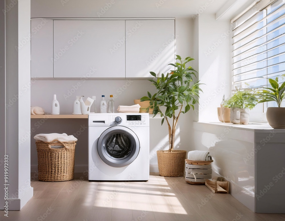 showcases a washing machine placed in a clean and neatly organized utility laundry room with white walls,generative ai showcases a washing machine placed in a clean and neatly organized utility laundry room with white walls,generative ai