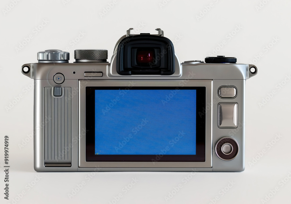 old silver plastic digital photo camera with a empty blue screen on a white background, viewed from above. old silver plastic digital photo camera with a empty blue screen on a white background, viewed from above.