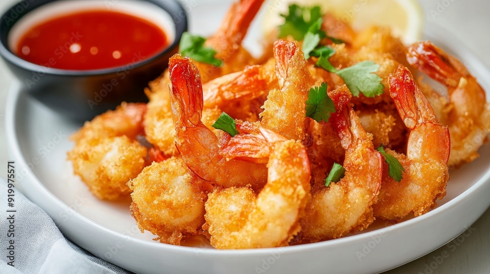 Authentic crispy breaded Chinese shrimp accompanied by a fiery red sauce Authentic crispy breaded Chinese shrimp accompanied by a fiery red sauce