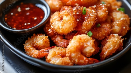 Authentic crispy breaded Chinese shrimp accompanied by a fiery red sauce