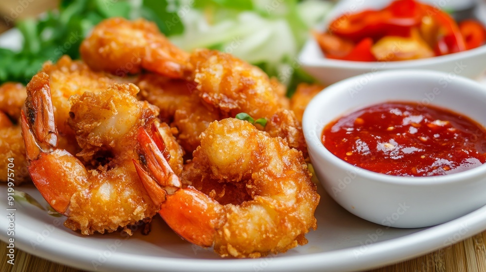 Authentic crispy breaded Chinese shrimp accompanied by a fiery red sauce Authentic crispy breaded Chinese shrimp accompanied by a fiery red sauce
