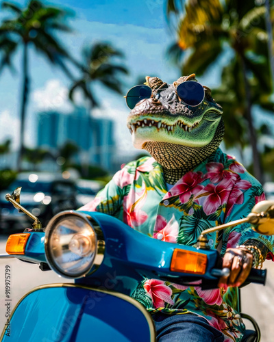 Cocodrilo en moto por una ciudad de playa como Miami o Cancún en verano, usa camisa Hawaiana y gafas de sol. Concepto cómico y humorístico en vacaciones. photo