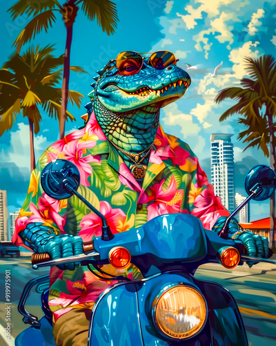 Cocodrilo en moto por una ciudad de playa como Miami o Cancún en verano, usa camisa Hawaiana y gafas de sol. Concepto cómico y humorístico en vacaciones. photo