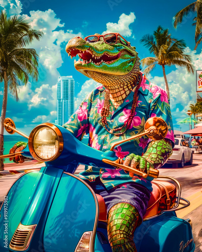 Cocodrilo en moto por una ciudad de playa como Miami o Cancún en verano, usa camisa Hawaiana y gafas de sol. Concepto cómico y humorístico en vacaciones. photo