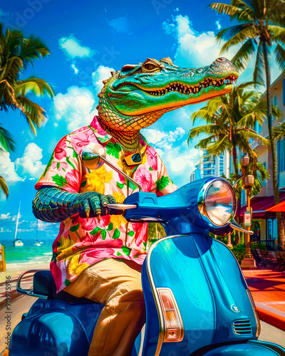 Cocodrilo en moto por una ciudad de playa como Miami o Cancún en verano, usa camisa Hawaiana y gafas de sol. Concepto cómico y humorístico en vacaciones. photo