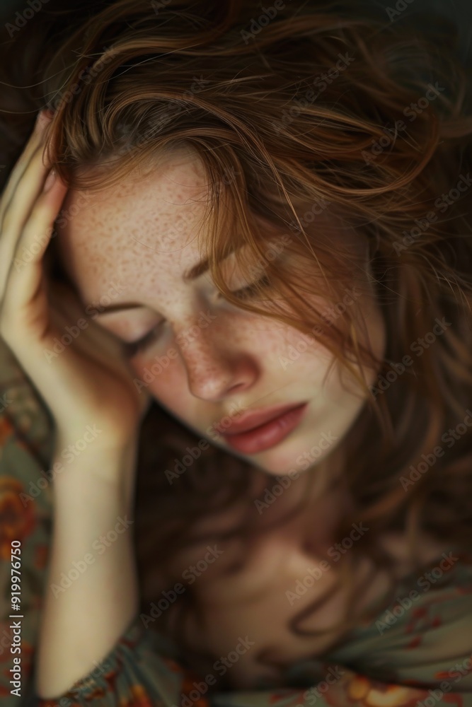A woman with distinctive freckles is seen holding her head in this image A woman with distinctive freckles is seen holding her head in this image